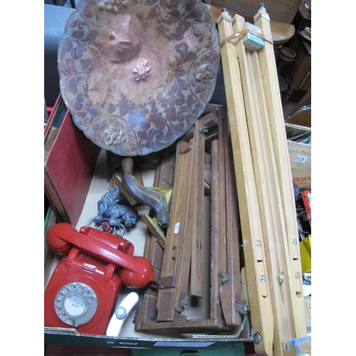 1064 - Red Plastic Telephone, easels, woodworkers brace and copper fruit bowl, records, etc.