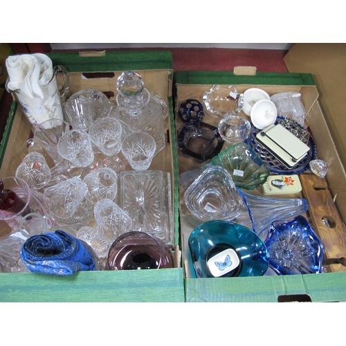 1079 - Decanters, drinking glasses, Tudor plate, Caiithness vase, etc:- Two Boxes.