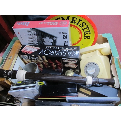 1087 - A Cream Telephone, Yamaha recorder, chess, cd's etc:- One Box.