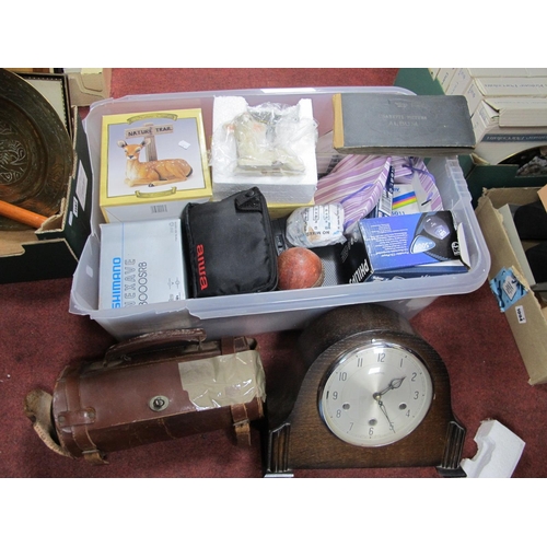 1095 - Smiths Oak Mantle Clock, lawn green bowls, stamps, cigarette cards, musical items, etc:- One Box.