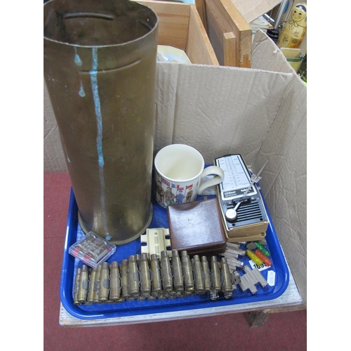 1099 - A Military Brass Shell Case, belt of cartridges, compass, pitch pipes, etc:- One Tray.