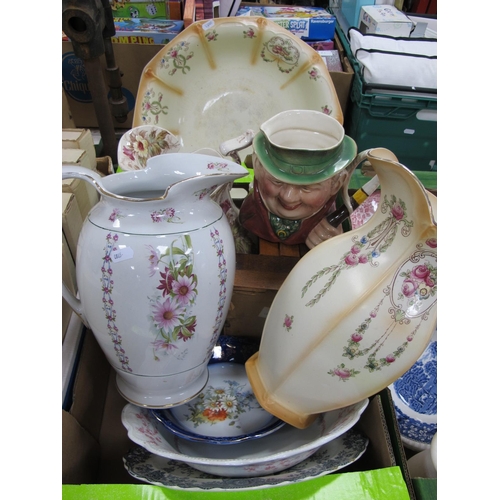 1103 - Beswick Character Jug, six framed tiles, wash jugs, bowl, etc.