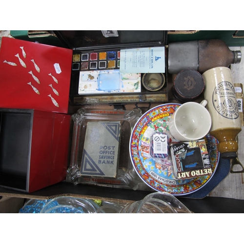 1105 - Glass Medicine Tumbler and Measure, in Mawson case, Reeves paint box, flash, ashtray, etc:- One Tray... 