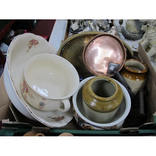 1107 - XIX Century Copper Saucepan Storage Jars, flat iron, bowl, two chamber pots:- One Box.