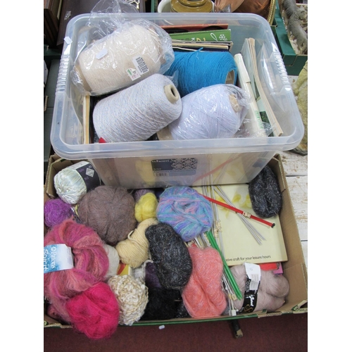 1122 - Wool, Fabric Rolls, knitting needles, books etc:- Two Boxes.