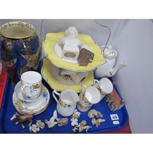 1179 - Wetley China Tea Service, two tier cake stand, Crown Devon vase, etc, Wade Whimsie's etc:- One Tray.