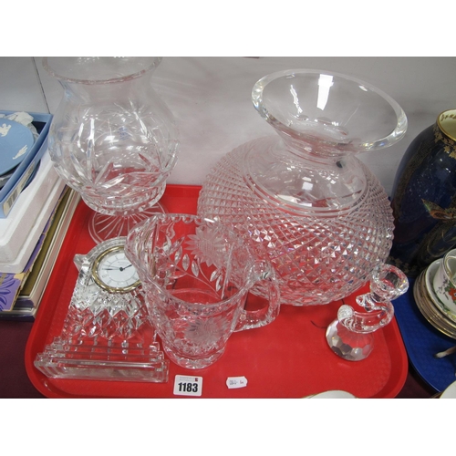 1183 - A Waterford Crystal Clock, Waterford lamp globe (lacking base), Polish glass lamp etc:- One Tray.