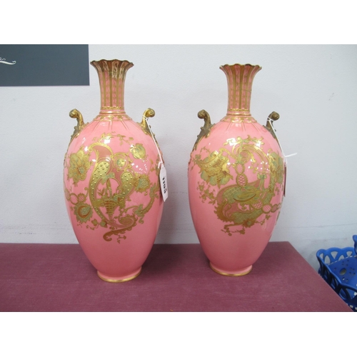 1193 - Royal Crown Derby Pair of Salmon Pink Porcelain Vases, of ovoid form, each with gilt handles, lute s... 