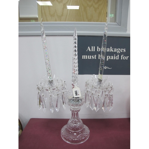 1194 - A Crystal Twin Branch Centrepiece Candelabra, each branch hung with prism drops.