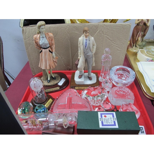 1213 - Paperweights, other glassware, resin figurines, Mackintosh style clock, etc:- one Tray.