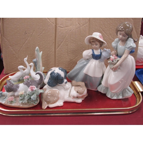 1239 - Lladro Figure of Cat with Frog, Nao puppies, girl with flowers, girl with ewer and geese (5).