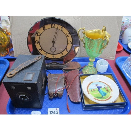 1245 - A Smiths Art Deco Mantle Clock, box camera, light meter, Coalport vase (damaged), magnifying glass, ... 