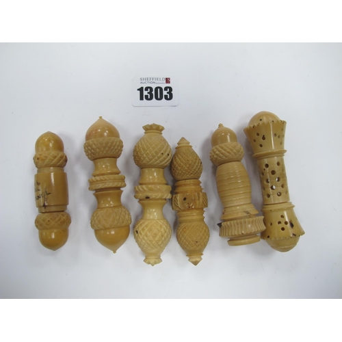 1303 - A Collection of Six Late XIX Century Vegetable Ivory Double Sided Bodkin Cases, each with carved or ... 