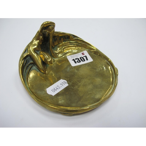 1307 - Arthur Rubenstein Art Nouveau Brass Dish, featuring nude maiden, signed to back, approximately 11cm ... 