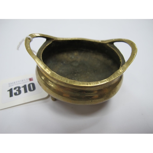 1310 - Oriental - Small Brass Censer, on three feet, with six character marks under base, 4cm high.