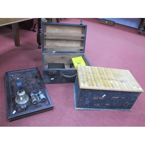 1323 - A Painted Box, together with other box, display cabinet, brass hand bell, BT tester, opera glasses.