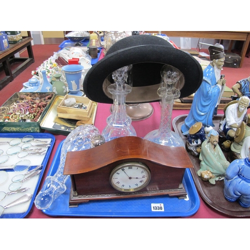 1330 - A Mahogany Cased Mantle Clock, bowler hat, decanters etc:- One Tray