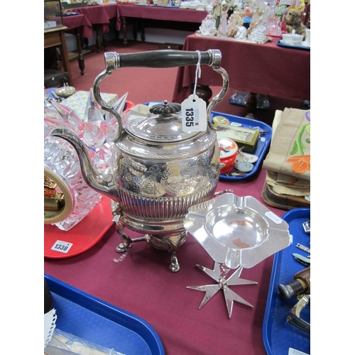 1335 - A Victorian Silver Plated Tea Kettle, on stand with burner and tilting locking mechanism stamped Phi... 