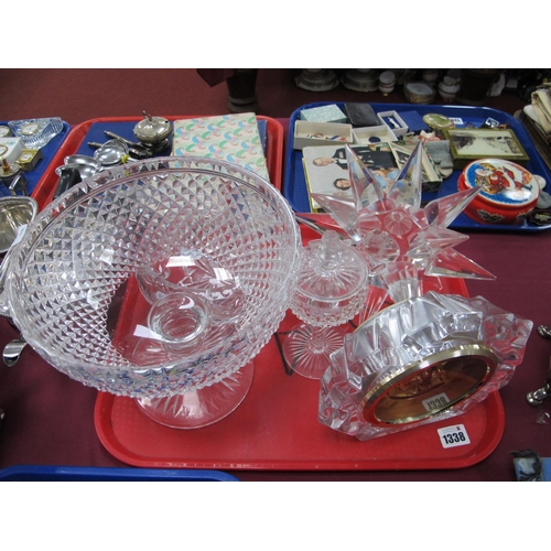 1338 - A Large Stuart Crystal Pedestal Bowl, on circular foot, crystal clock etc:- One Tray.