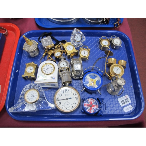 1342 - Connhill Pocket Watch, mini clocks, Cathedral crystal clock, etc:- One Tray.