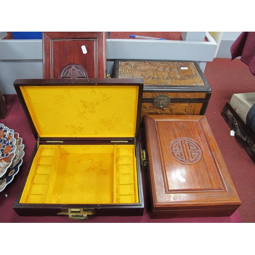 1347 - Shanghai Handicrafts Jewellery Coffer Box, 31cm wide, three Chinese hardwood examples with fitted in... 