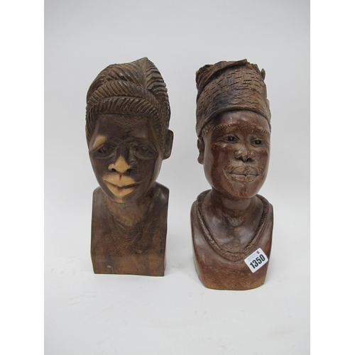 1350 - Two African Carved Hardwood heads, she wearing head scarf, 30cm high.