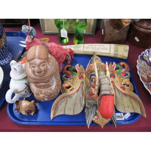 1353 - A Painted Wooden Indian Ganesh Mask, resin tusk, etc:- One Tray.