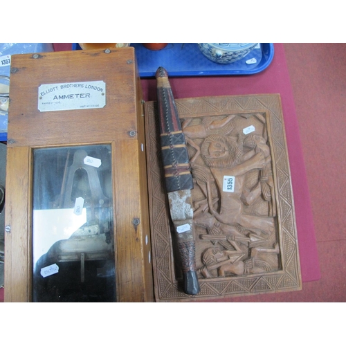 1355 - Elliott Brothers of London Ammeter, in wooden casing, knife in sheath and plaque in the African mann... 