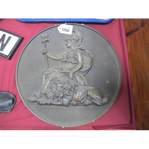 1356 - A Bronze Circular Wall Plaque of Britannia Seated by Lion, circa 1900, 31.5cm diameter.