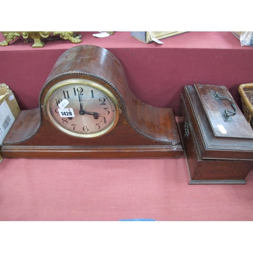 1428 - A XIX Century Mahogany Tea Caddy, (damaged) 24cm wide, dome topped mantle clock. (2).