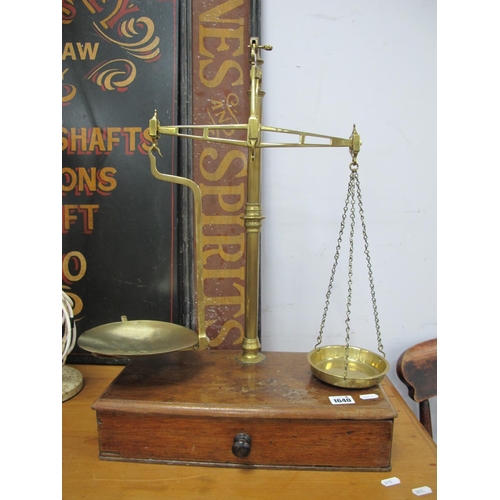 1640 - XIX Century Brass Scales, on a mahogany base with drawer and weights.