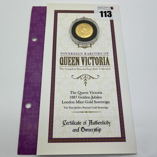 113 - 1887 Victoria Jubilee Head Gold Sovereign, certificate of authenticity.