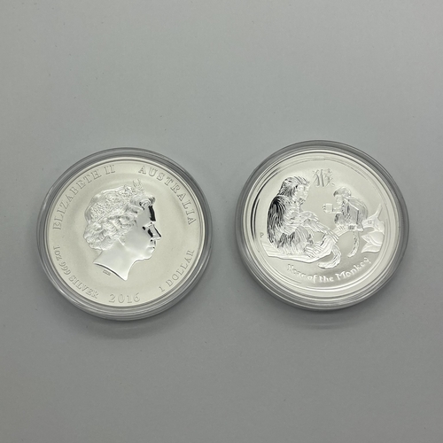 15 - Two Perth Mint BUNC Silver Lunar One Ounce Coins, 2016 Year of The Monkey, encapsulated.