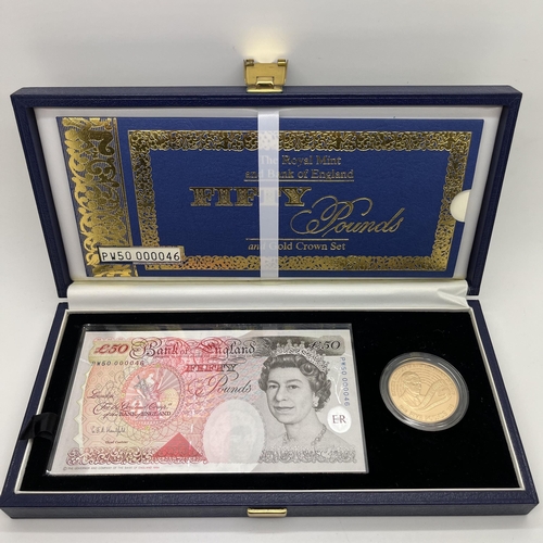 175 - Rare Royal Mint 1998 Gold Proof Crown and Fifty Pound Banknote Set, to commemorate The 50th Birthday... 