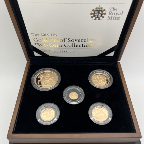 182 - Royal Mint 2009 Gold Proof Five Coin Sovereign Set, includes a £5, double sovereign, sovereign, half... 