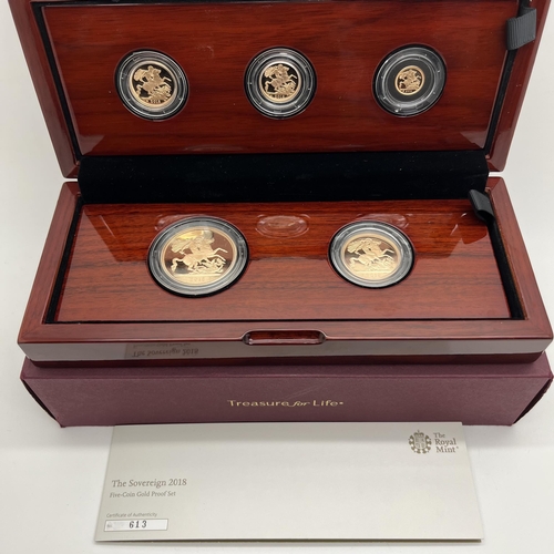 184 - Royal Mint 2018 QEII Sovereign Five Coin Gold Proof Set, features a quintuple, double, full, half an... 