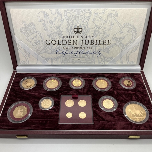 185 - Royal Mint 2002 QEII Golden Jubilee Gold Proof Thirteen Coin Set, 1p through to £5 as well as a Maun... 