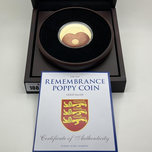 188 - Rare 2017 Jersey Remembrance Day Five Once Gold Proof £10 Coin, in a presentation box with certifica... 