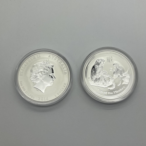 20 - Two Perth Mint BUNC Silver Lunar One Ounce Coins, 2016 Year of The Monkey, encapsulated.