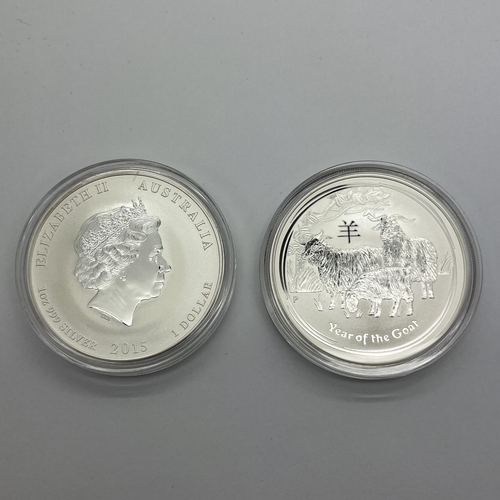 23 - Two Perth Mint BUNC Silver Lunar One Ounce Coins, 2015 Year of the Goat, encapsulated