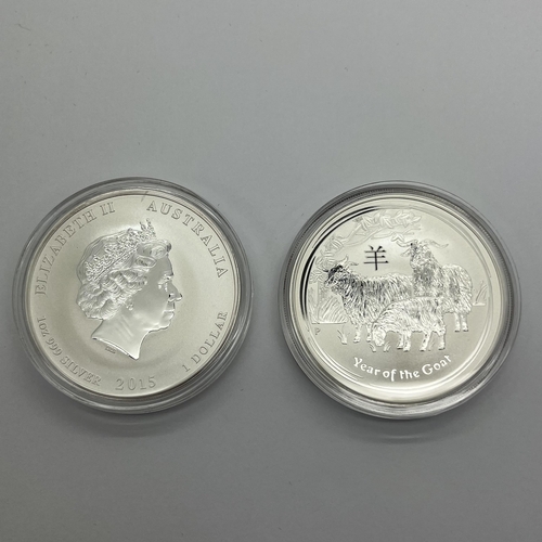 26 - Two Perth Mint BUNC Silver Lunar One Ounce Coins, 2015 Year of the Goat, encapsulated