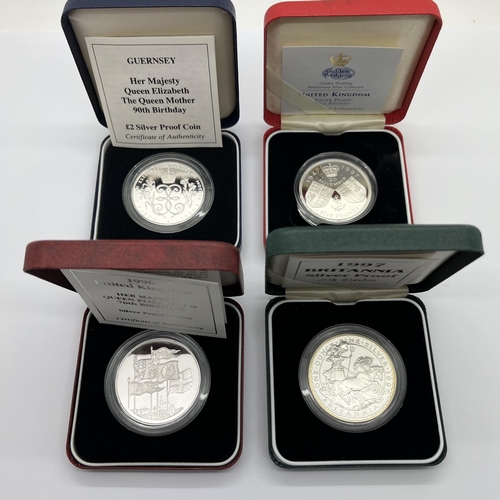 38 - Four Royal Mint Silver Proof Coins, 1990 £2, 1996 crown, 1997 £5 and a 1997 Britannia £2, all cased ... 