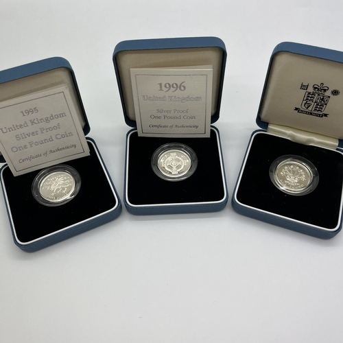 42 - Three Royal Mint Silver Proof £1 Coins, 1986, 1995 and 1996, all cased.