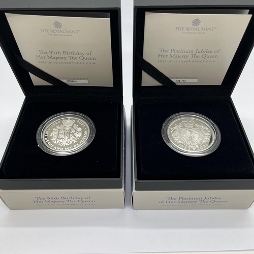 45 - Royal Mint 2021 Queen's 95th Birthday Silver Proof £5 Coin, together with a Royal Mint Platinum Jubi... 