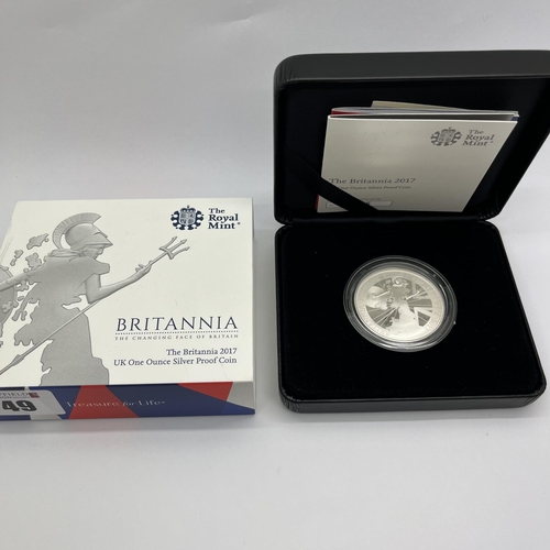 49 - Royal Mint Silver Proof 2017 One Ounce Britannia Coin, boxed, with certificate of authenticity.