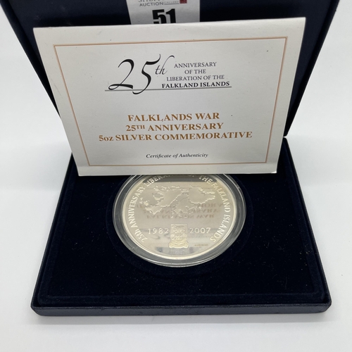 51 - Westminster Falklands War 25th Anniversary Silver Proof 5oz Coin, cased with certificate of authenti... 