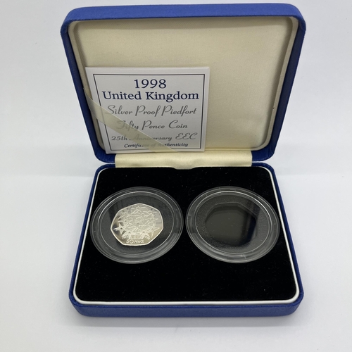 54 - Royal Mint 1998 UK Silver Proof Piedfort Fifty Pence Coin, 25th Anniversary EEC, cased with certific... 