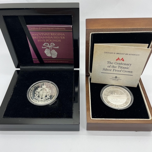 56 - 2013 London Mint Vivat Regina Silver Proof Britannia Five Pounds, together with London Mint Centenar... 