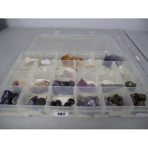 187 - A Collection of Assorted Rocks / Crystals / Minerals, contained in a sectioned lidded box.