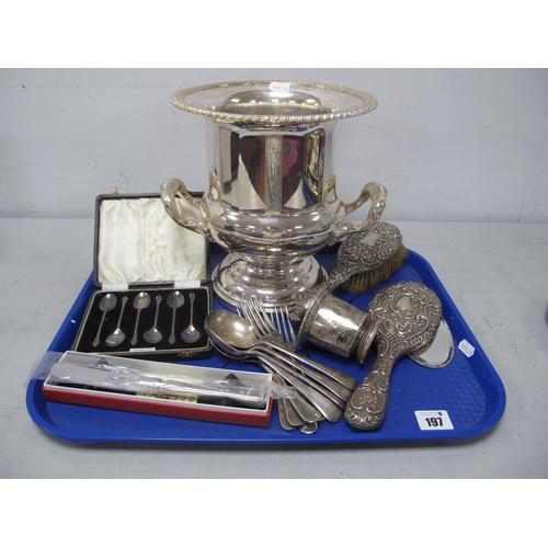 197 - A Hallmarked Silver Backed Hand Mirror and Brush, (damages) a plated wine cooler, a set of six hallm... 